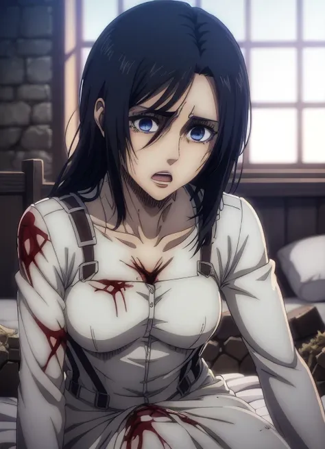 Freida reiss, in white dress, safe rating , Blue eyes, long black hair, beautiful,in pain, in a battlefield  between the rubble, on bed in a destroyed house , giving birth, corps entiere  , corps entiere , Mikasa Ackerman season 4 helps her in labor, cryin...