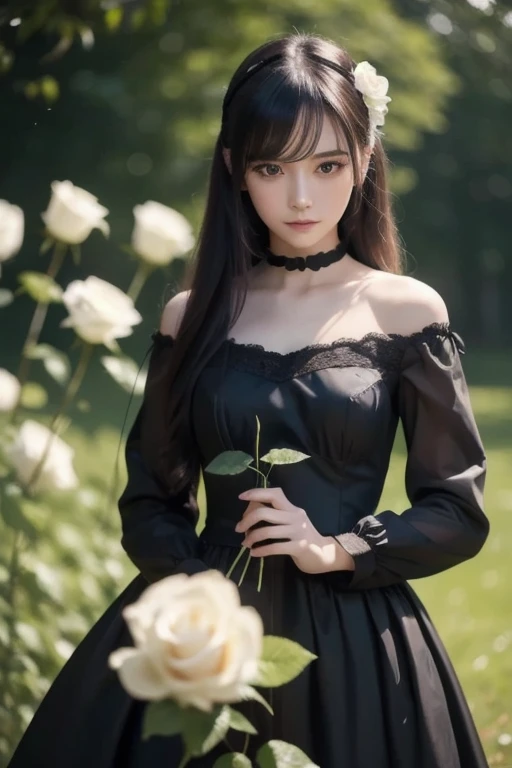 ((masterpiece,  top quality )), best aesthetics, 1 girl, Alone,  long hair,  black dress, flower, ribbon,  black background,  black hair,  Rose, hair ribbon,  green eyes,  Long Sleeve , white  Rose,   closed mouth , black ribbon,  upper body,  cinematic li...