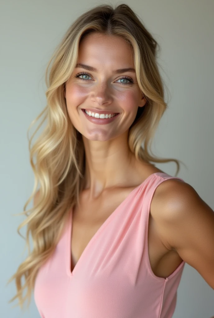  White beauty、smile、Blue eyed blond girl wearing a neat pink blouse 、blue eyed blonde woman、 sleeveless、Full body portrait、 long hair