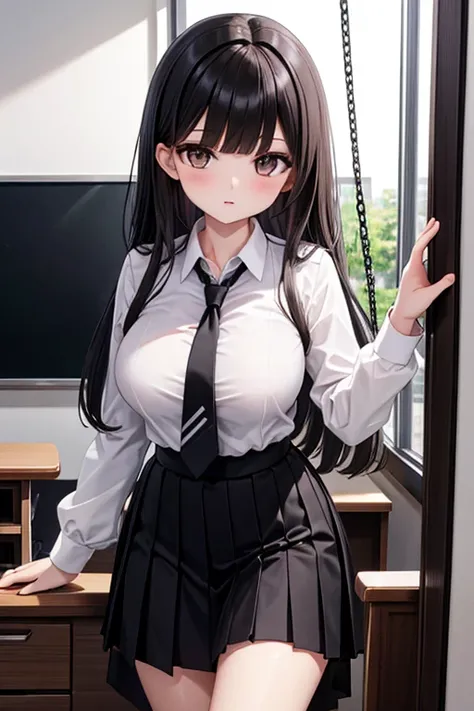  best quality ,  high resolution,slender、 brown eyes、 tall 、 tea hair、 shortcuts,School、classroom、uniform、 white blouse、22 years old、Swinging Hair、( split bangs:1.2)、Grey tie、 long black hair , big breasts、