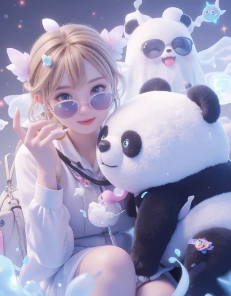 
"A beautiful  girl playing with a panda doll larger than her, shoulder bag, hutaolawson, boo tao (genshin impact), ghost, light smile, grin, claw pose, tinted eyewear."
