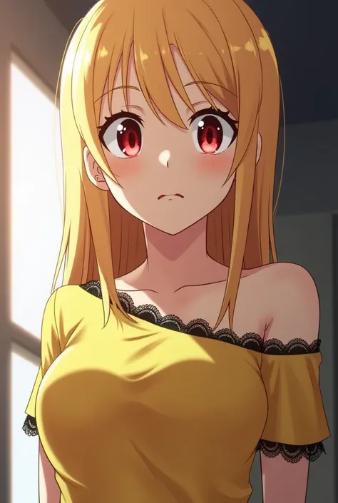  An anime woman with blond hair and red eyes,  wearing a yellow top with black lace details , in an indoor environment with a window in the background .  She has a serious and slightly dark expression .