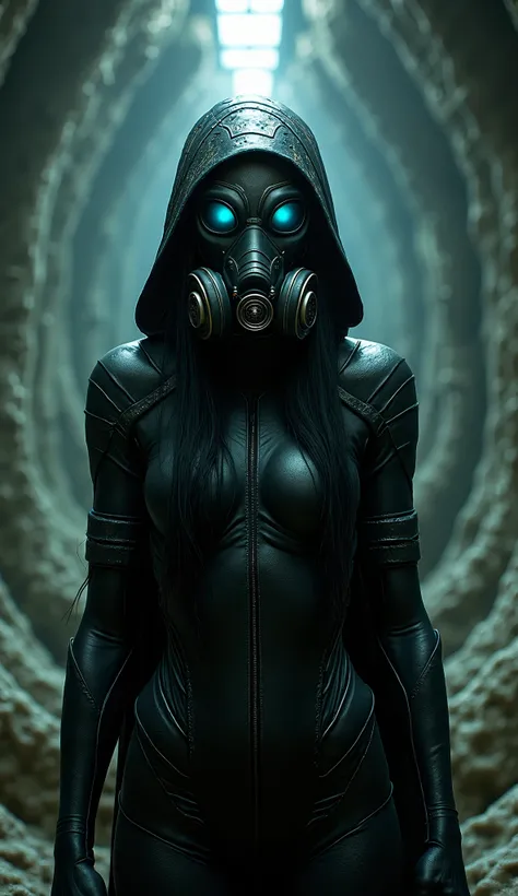 Illustrate a figure with her entire head enveloped in an organic gas mask that seamlessly integrates with a hood, concealing her long, flowing raven black hair. The mask and hood are designed to match the chitinous aesthetic of her suit, positioned front t...