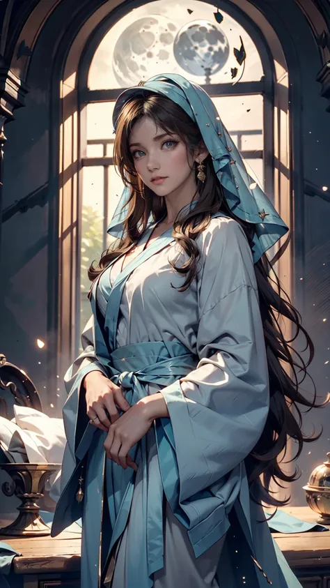 Mother of Jesus, black hair and green eyes, Light brown skin, Wearing a light blue robe , And a sky-blue veil,  a gentle expression that brings peace ( full body) Near the window,   illuminated by the moon  (wonderfully realistic)