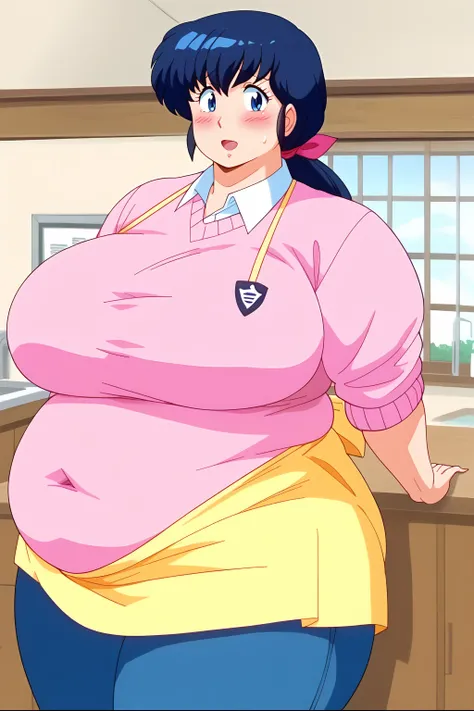 Otonashi Kyoko, long hair、紺色の髪、low ponytail, pink hairribbon、Dark blue eyes、 yellow apron、 pink sweater 、Blue jeans 、white shirt, collared shirt,gigantic breasts,enormous breasts,Sloppy belly fat,Japanese-style room, troubled expression, embarrassed expres...