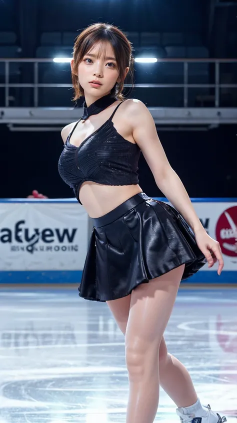 (8k, best quality:1.3), (extremely detailed:1.2), perfect anatomy, beautiful Japanese woman, 18 years old, healthy thighs, beautiful legs, beautiful skin, random hair color, random hairstyle, large breasts, (she is standing:1.2), female figure skater, figu...