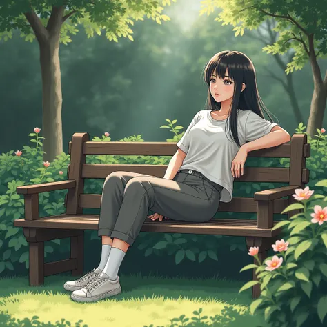  Japanese adult girl、whole body、 comments、 private clothes、pants、 sneakers、 white thigh high socks 、garden、 sitting on a bench 