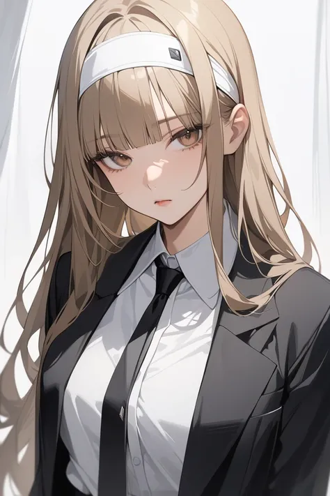 (Masterpiece, high resolution, best quality)、1 female、25years old, Light Brown Hair 、 brown eyes、bangs、heavy bangs、 blunt bangs、long  hair、white shirt、black suit、black tie、black skirt、open eyes 、white headband 、Expressionless dynamic、beautiful woman、Korean...