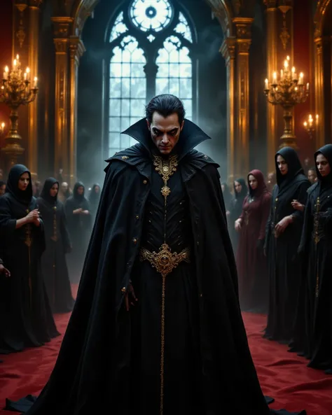 Drac the lavish vampire in a fancy formal suite, inaugurated as a Vampire society leaders, in front of bunch of devious otherworldly Vampires at the city hall, masterpiece professional photojournalism, Steven Curry photography style. 