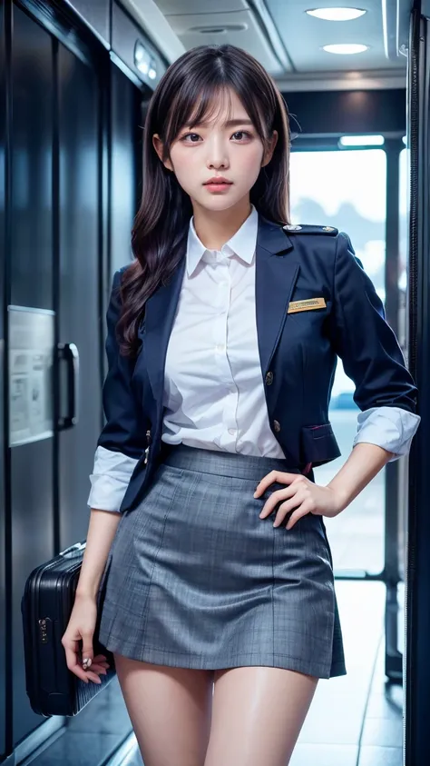 A beautiful, 24-year-old Japanese woman with perfect anatomy, healthy thighs, beautiful legs, beautiful skin, random hair color and style, large breasts, (wearing a flight attendant uniform with a mini-skirt:1.3), (she is standing:1.2), full body shot, pum...