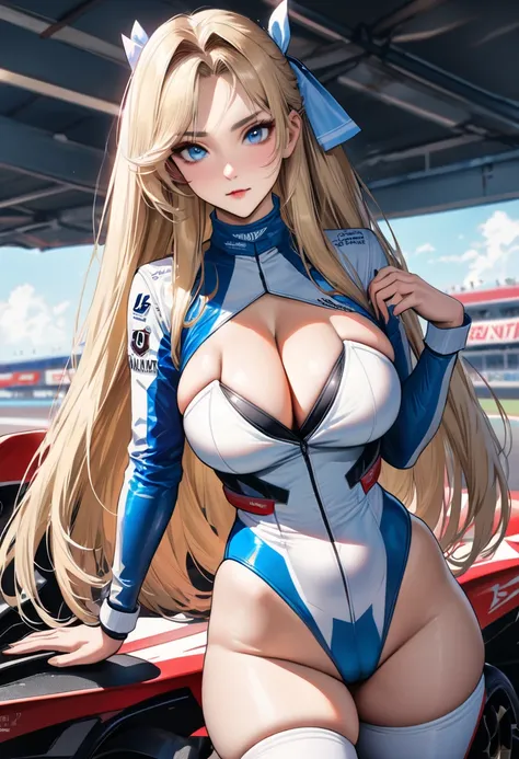 ((highest quality)), ((masterpiece)), 18 years old, anime style, sexy, seductive, Fantasy art, (solo), 1girl, ((curvy)), ((skindantation)), perfect face, makeup, ((Azur Lane)), (racing suit), ((Blonde long straight hair)), ((Large breasts)), ((cleavage)), ...