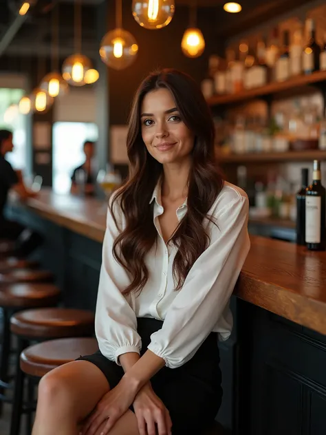 A beautiful brunette woman is sitting on a bar stool. She is being prepared for a shoot in a bar for a drinks brand and the backdrop is realistic. She is beaming happily into the camera. Cameras can be seen in the background and possibly blurred team membe...