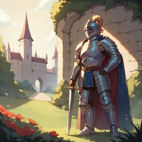 a knight in heavy armor. the knight has a cape and stands outside a castle. they have a helmet on them that covers their face. the armor is pure black.