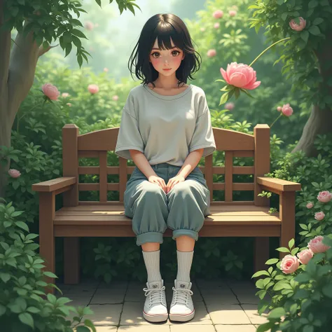  Japanese adult girl、whole body、 comments、pants、 sneakers、 white thigh high socks 、garden、 sitting on a bench 