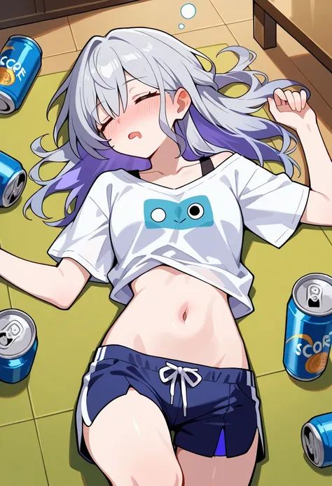 1girl, solo, robin (honkai: star rail), hair down, closed eyes, open mouth, sleeping, drool, bare navel, shirt, shorts, narrow waist,blush, drunk:1.3, beer cans, lying on floor, {{{masterpiece,best quality,amazing quality,very aesthetic,high resolution,ult...