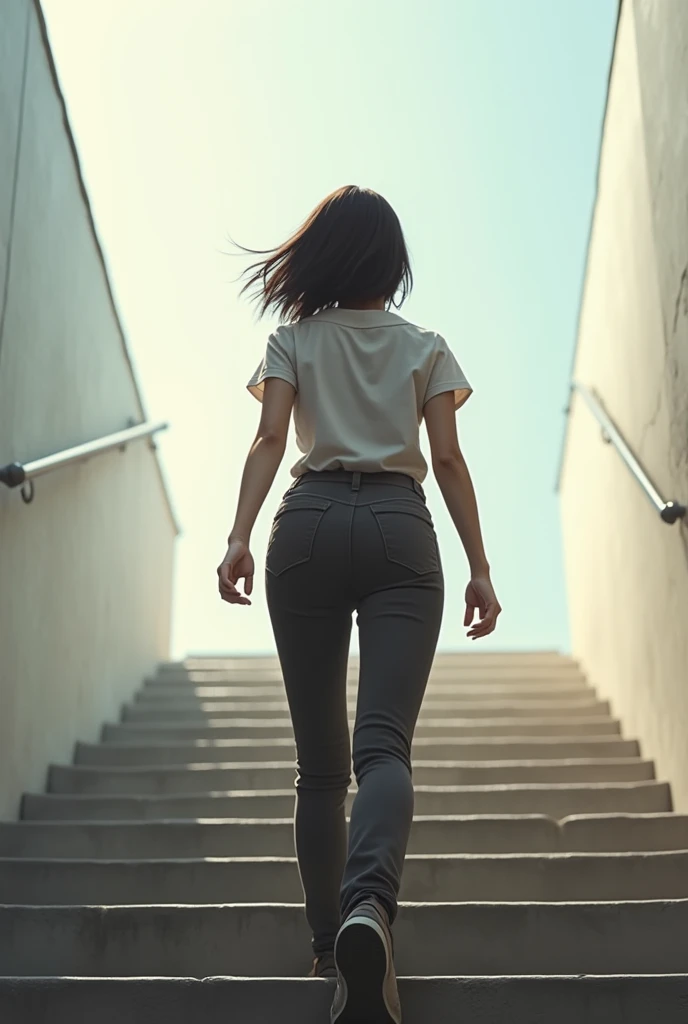 create a realistic image of a woman with dark brown shoulder length hair, climbing stairs of success