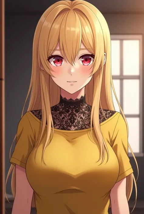  An animated woman with long blond hair and red eyes,  wearing a yellow top with black lace details , in an indoor environment with a window in the background .  She has a serious and slightly dark expression , taking selfie in front of the mirror .