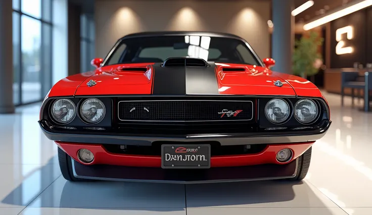 create an ultra-detailed 3D render of a modern, close-up front  view of modern 1970 Dodge Challenger Demon With a bold design. The car should feature a "Gleamy glossy painted Red " color with a prominent Dodge Challenger logo on its prominent front, and he...