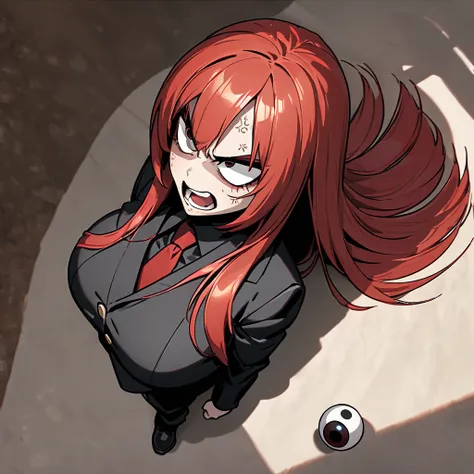  long eyelashes ,   solid circle eyes, throw,  straight hair,  long hair, Red Hair,  big boobs,  eye ball, compensate,  drop shadow,  high detail, 8k,  more details,  accurate,  best quality ,  textured skin, Full body portrait, Performance, face, Angry Ey...