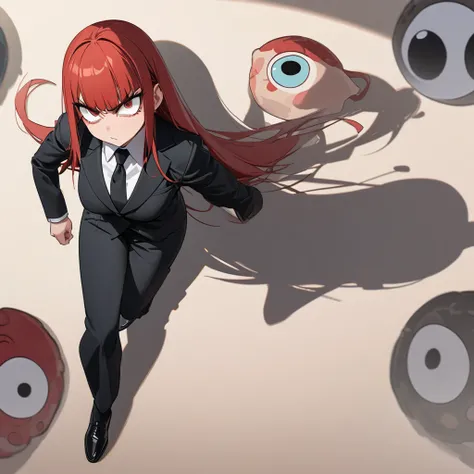  long eyelashes ,   solid circle eyes, throw,  straight hair,  long hair, Red Hair,  big boobs,  eye ball, compensate,  drop shadow,  high detail, 8k,  more details,  accurate,  best quality ,  textured skin, Full body portrait, Performance, face, Angry Ey...