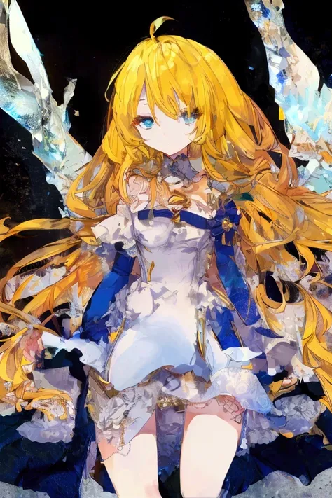 A tall anime girl with a slender body and no chest, featuring stunning, very light shiny blue eyes that sparkle. Her hair is extremely long, flowing, and bright yellow, creating a striking contrast against her delicate features. She has an ethereal, almost...