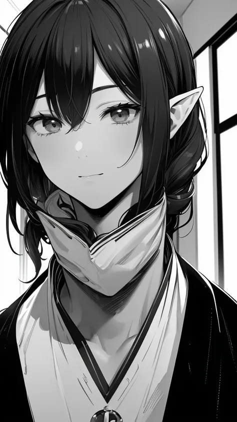 (((Masterpiece,                   high resolution,                   Top Quality         、 It accurately represents the face        )))、 ( Black and White、A comic where handsome elves make you happy in 2 scenes)