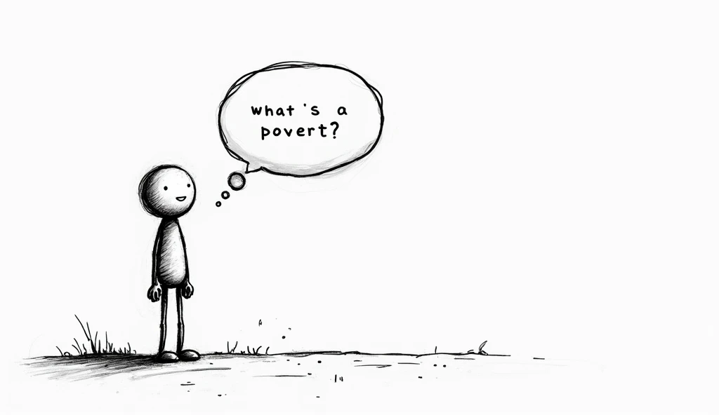 Black and white animation drawing sketch, The stickman starts narrating, with text bubbles appearing: "I'm kind of wondering why there are so many poor people..."