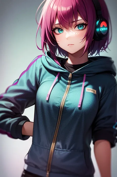 a girl, short hair, purple hair, pink inner colored hair, cold expression, piercing gaze, jacket, beautiful face, beautiful eyes, gradient hair, fade hair cut, messy hair, headphones, hood down, aqua eyes, gradient eyes, textured skin, super detail, UHD, m...