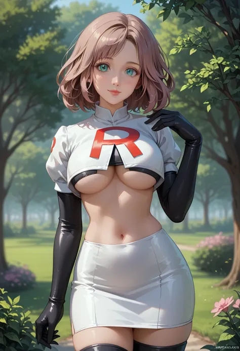 score_9, score_8_up, score_7_up, 1girl, solo, mature woman, beautiful waifu, (Yuna, /Final Fantasy/:1.3), detailed eyes, detailed face, flirt, looking at viewer, Cosplay_TeamRocket, team rocket uniform, (white jacket, cropped jacket:1.1), (tight white skir...