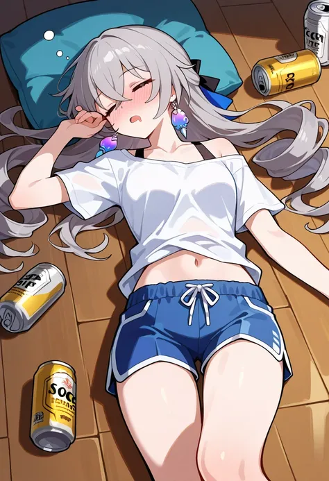 1girl, solo, bronya (honkai: star rail), closed eyes, open mouth, sleeping, drool, bare navel, shirt, shorts, narrow waist,blush, drunk:1.3, beer cans, lying on floor, {{{masterpiece,best quality,amazing quality,very aesthetic,high resolution,ultra-detaile...