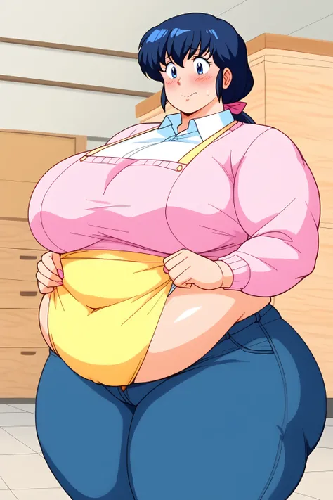 Otonashi Kyoko, long hair、紺色の髪、low ponytail,  pink barrette ribbon、Dark blue eyes、 yellow apron、 pink sweater 、Blue jeans 、white shirt, collared shirt,gigantic breasts,enormous breasts,Sloppy belly fat,Japanese-style room, troubled expression, embarrassed ...