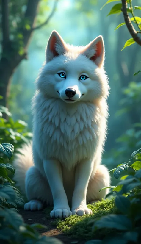 Beautiful little fluffy wolff(blue eyes.white and black colour)are sitting in the jungle in 3D animation 