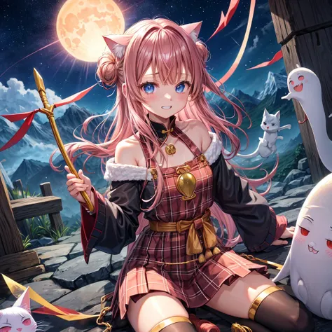 pink brown hair、 blue eyes、 with hair tied、Two cute、 Plaid Mini Skirt、 BLACK T-SHIRT、 light clothing、 One Piece、 camisole、 high socks、Teeth are visible、The stone is cracked、 the road is crooked、Mountain々、diagonal、 monster 、fog、 Aurora、moon、 shooting star、n...