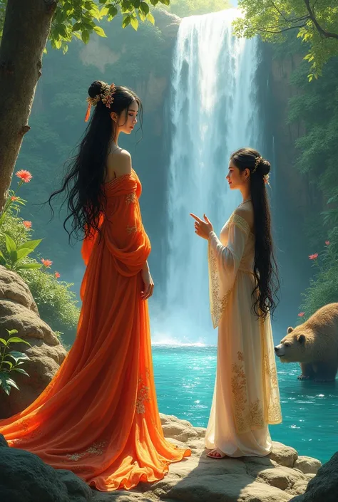 Beautiful gardens of paradise , a beautiful oriental girl ,  in a fire dress with her hair down and looks at the waterfall.  stands next to a  girl with a bear . detailed drawing , realism 