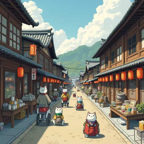 A bustling Edo-period post town (shukuba) populated by anthropomorphic cats. Traditional wooden inns and shops line the street, which is wider to accommodate travelers. Cats are seen selling goods, serving tea at roadside stalls, and travelers carrying lug...