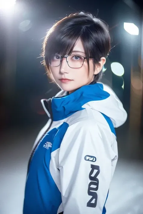 short dark hair, half body shot, realistic, shy, rimless glasses, ski resort, ski wear, night ski, masterpiece, best quality, 8k