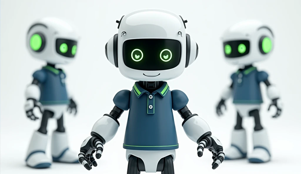 An image of a 3d robot , friendly-looking with a smile that will be used as a chatbot's avatar. This robot needs to wear a dark blue polo shirt,  green details on its pieces and have different pose variations