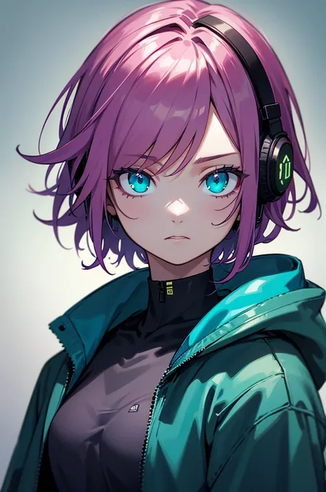 a girl, short hair, purple hair, pink inner colored hair, cold expression, piercing gaze, jacket, beautiful face, beautiful eyes, gradient hair, fade hair cut, messy hair, headphones, hood down, aqua eyes, gradient eyes, textured skin, super detail, UHD, m...