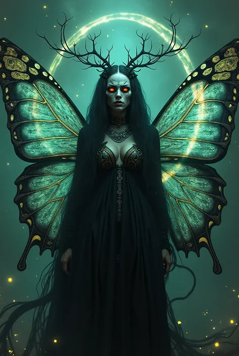 The death witch and transformation, wings butterfly, magic,symbols, power, in half skull and woman face
