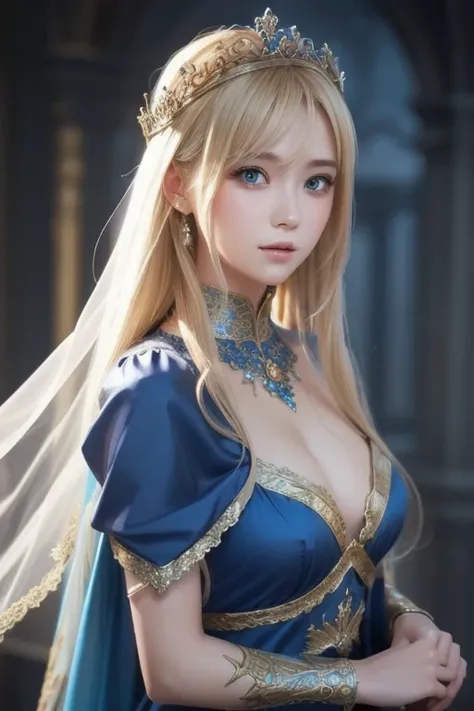   blond woman、 blond woman in a blue dress with a veil and veil on her head,  Beautiful Fantasy Maiden , 詳細な  fantasy art ,  美しい  fantasy art  , blonde princess, Artgerm on ArtStation Pixiv, Beautiful maiden, (( beautiful fantasy empress)), 2. 5 d cgiアニメ  ...