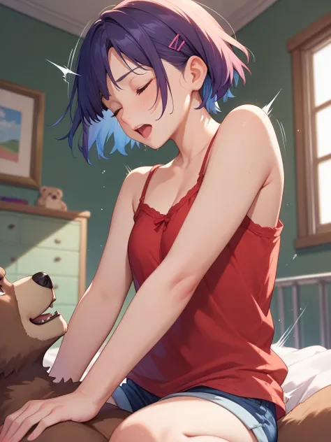 Feminization, transsexual fiction , kawaii anime , coquettish , Kintaro , looking away , black Bobbed short hair , red camisole , bear , woman on top , Piston movement blur , (groin:0.5) , (orgasm:0.5)