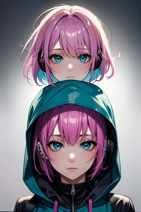 a girl, short hair, purple hair, pink inner colored hair, cold expression, piercing gaze, jacket, beautiful face, beautiful eyes, gradient hair, fade hair cut, messy hair, headphones, hood down, aqua eyes, gradient eyes, textured skin, super detail, UHD, m...