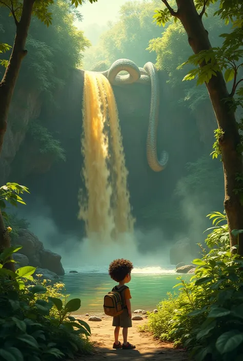 In a mysterious jungle with lush vegetation, there is a giant snake, at the bottom of a golden waterfall and a boy of about  with short, curly brown hair, a round face, with his small backpack and a compass is watching it. 3d pixar