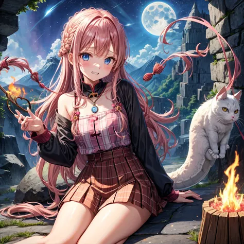 pink brown hair、 blue eyes、 with hair tied、Two cute、 Plaid Mini Skirt、 BLACK T-SHIRT、 light clothing、 One Piece、 camisole、 high socks、Teeth are visible、The stone is cracked、 the road is crooked、Mountain々、diagonal、 monster 、fog、 Aurora、moon、 shooting star、n...