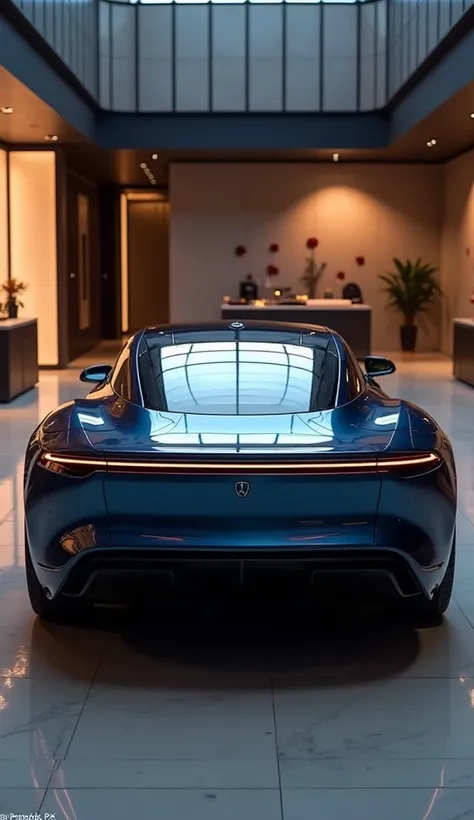 Behind  view from back For 2025 lucid air in Carbon Blue standing in a luxury showroom 
