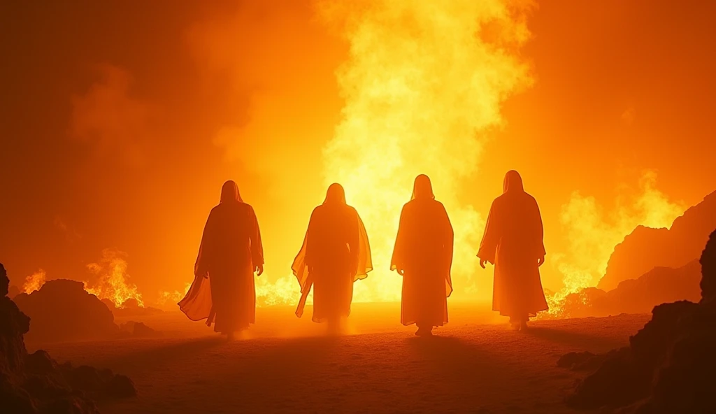 A wide shot of the furnace with four figures walking in the flames, the divine light overpowering the fire.