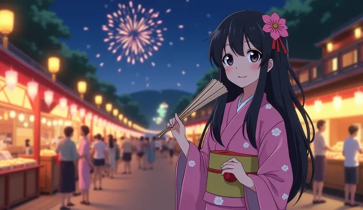 " A pretty lady mei , 25 years old girl, black long hair, Pink yukata with white sakura texure on the dress, A lively festival scene at night, with lanterns hanging from trees and stalls lined with food, crafts, and games. The young person is dressed in a ...