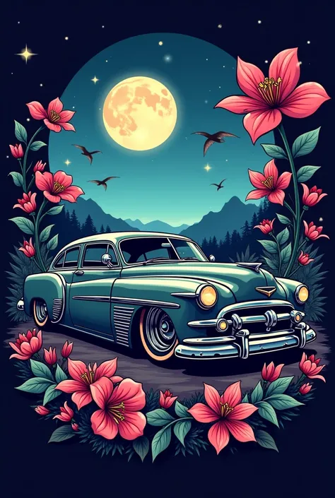 Create a logo with the company name Minis Fanpics featuring a lowrider car and blossoming colors on a night tour