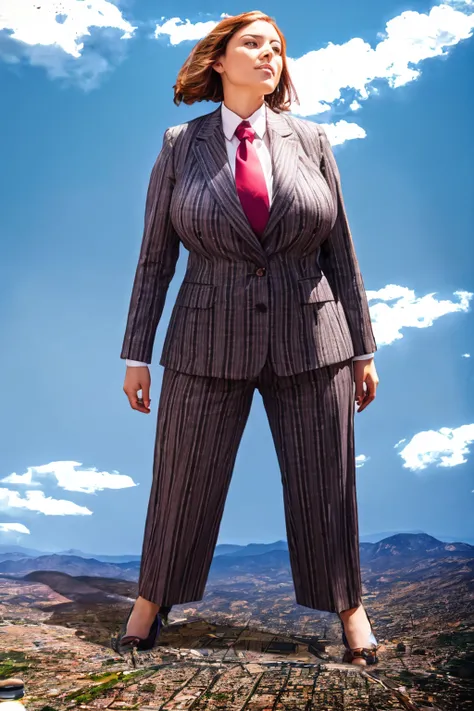 100 km tall giga giantic, curvy bbw woman with a beautiful smile, bigger than a giant city, curvaceous figure, massive beast, and long wavy bright ginger hair, with a curvaceous figure and massive breasts. wearing the finest light purple pinstripe trouser ...