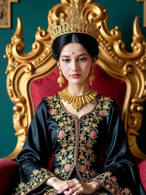 A young woman, berambut black panjang, traditionally dressed with a luxurious gold crown over her hair .  She is fair-faced with delicate makeup and calm expression .   The woman is paraded East Asian with fair skin and a straight forward gaze.  Dia mengen...